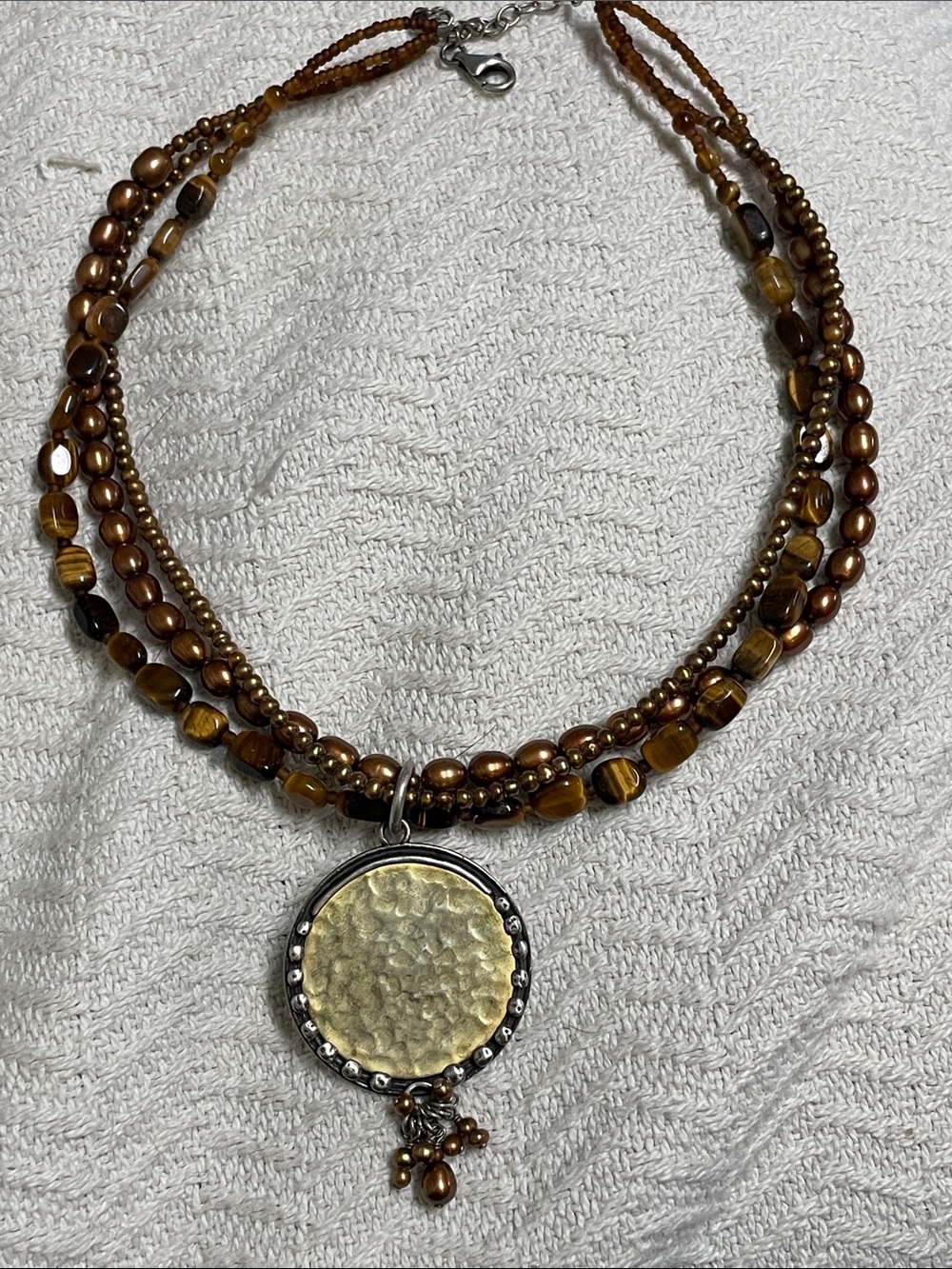 Silpada gemstone/pearl tri chain Necklace with Hammered Gold Pendant
